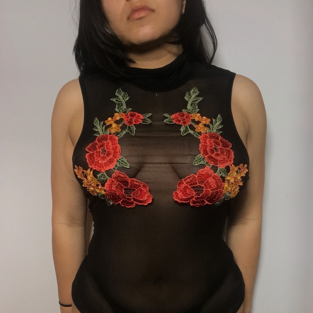 Mesh bodysuit with Rose patch detailing
